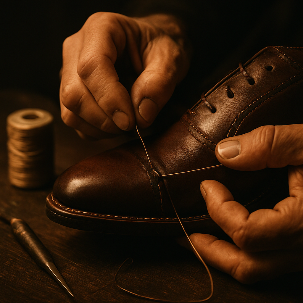 Artisan hand-stitching a leather sole
