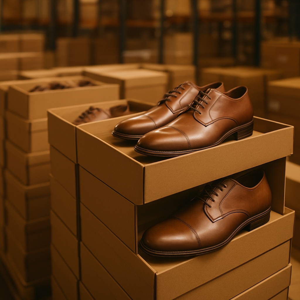 Finished leather shoes boxed for export