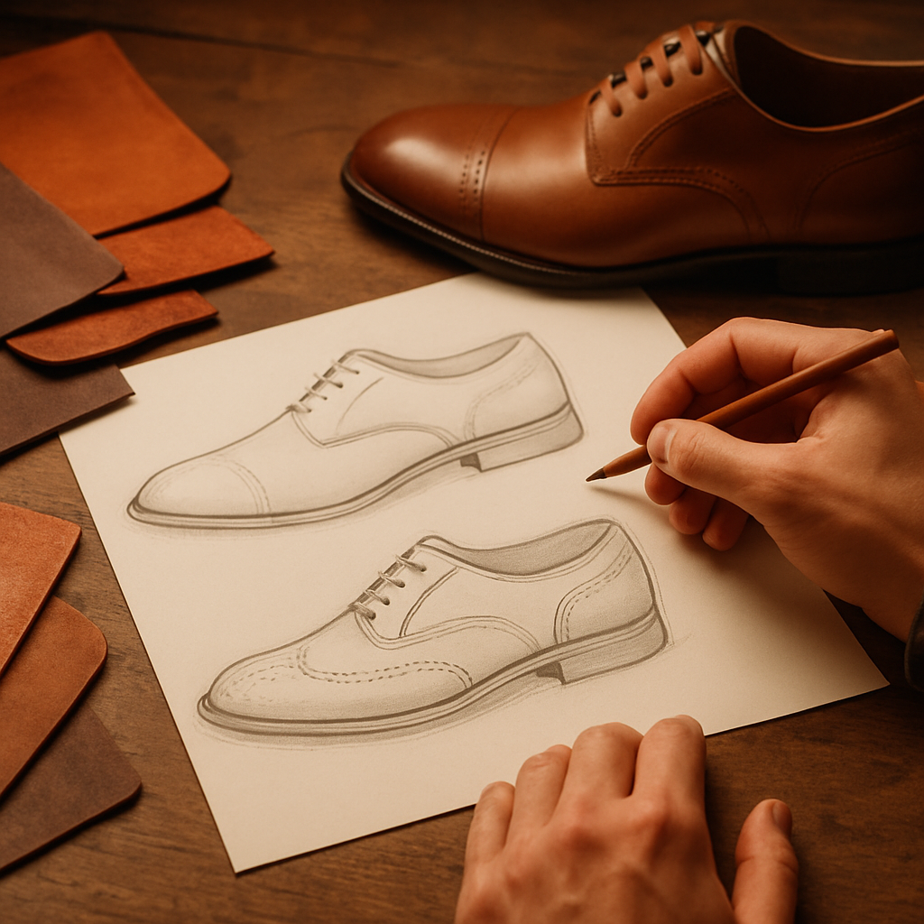 Designer sketching custom leather shoe designs with samples