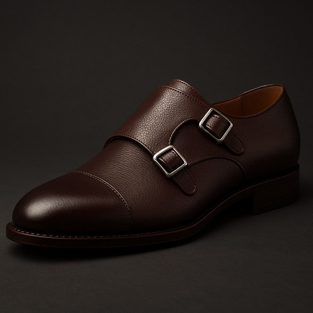 Brown leather double monk strap shoe